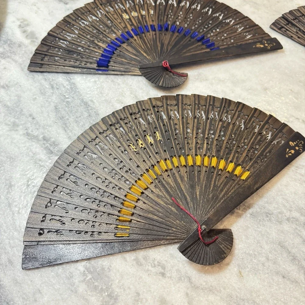 Set of 4 Balinese Hand Carved Wooden Folding‎ Fans Vintage Bali Decor Multicolor